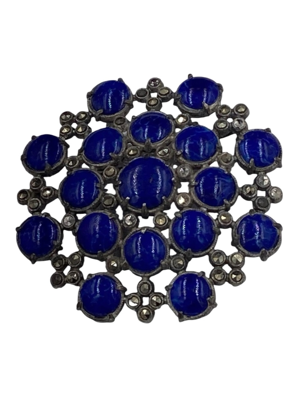 Vintage 1930’s Pot Metal Lapis Glass Marcasite Brooch